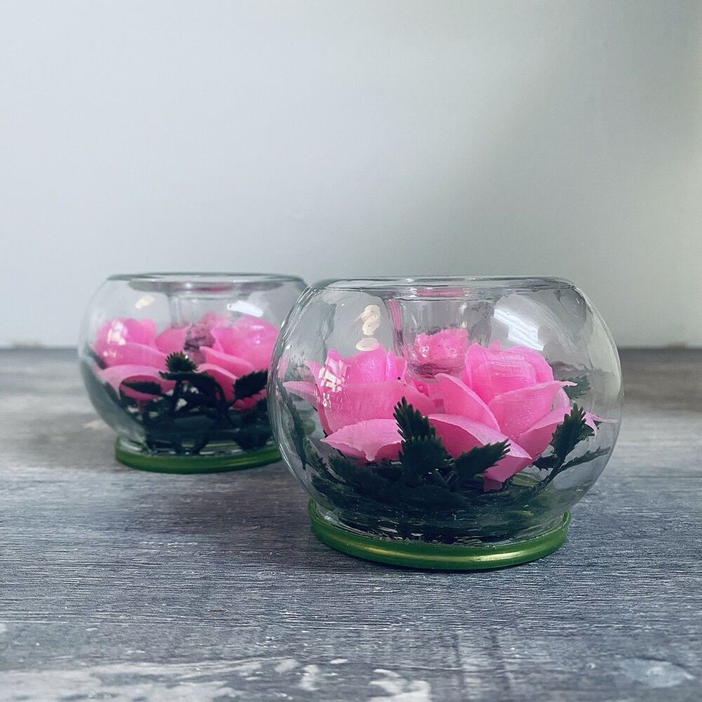 2 Vintage Glass Bubble Pink Roses Candlestick Taper Candle Holders Hong Kong